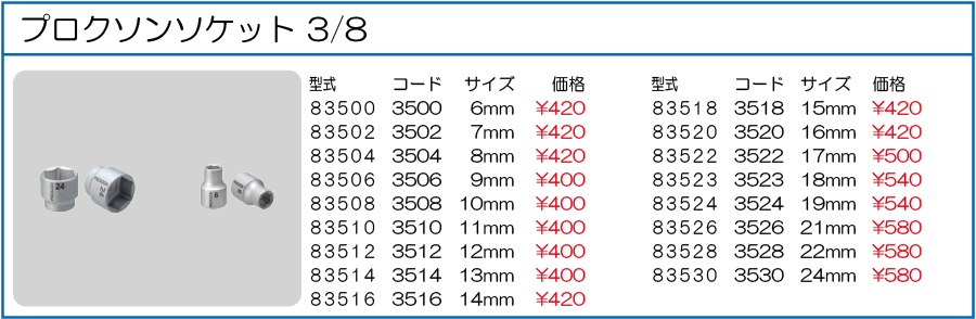 83500 83502 83504 83506 83508 83510 83512 83514 83516 83518 83520 83522 83523 83524 83526 83528 83530 プロクソンソケット 3/8 6mm 7mm 8mm 9mm 10mm 11mm 12mm 13mm 14mm 15mm 16mm 17mm 18mm 19mm 21mm 22mm 24mm