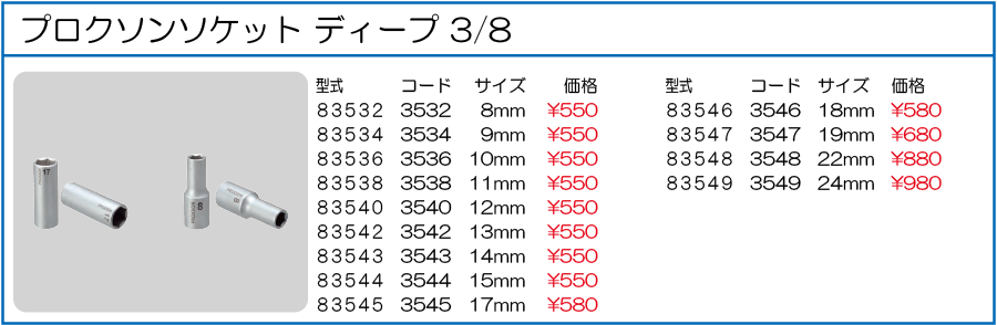 83532 83534 83536 83538 83540 83542 83543 83544 83545 83546 83547 83548 83549 プロクソンソケット ディープ 3/8 8mm 9mm 10mm 11mm 12mm 13mm 14mm 15mm 17mm 18mm 19mm 22mm 24mm